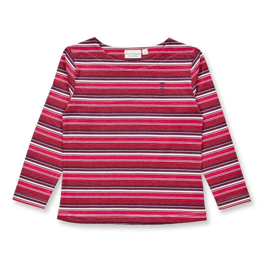 Gemütliches Kindershirt in Beerentönen geringelt von Sense Organics aus gotszertifizierter Biobaumwolle