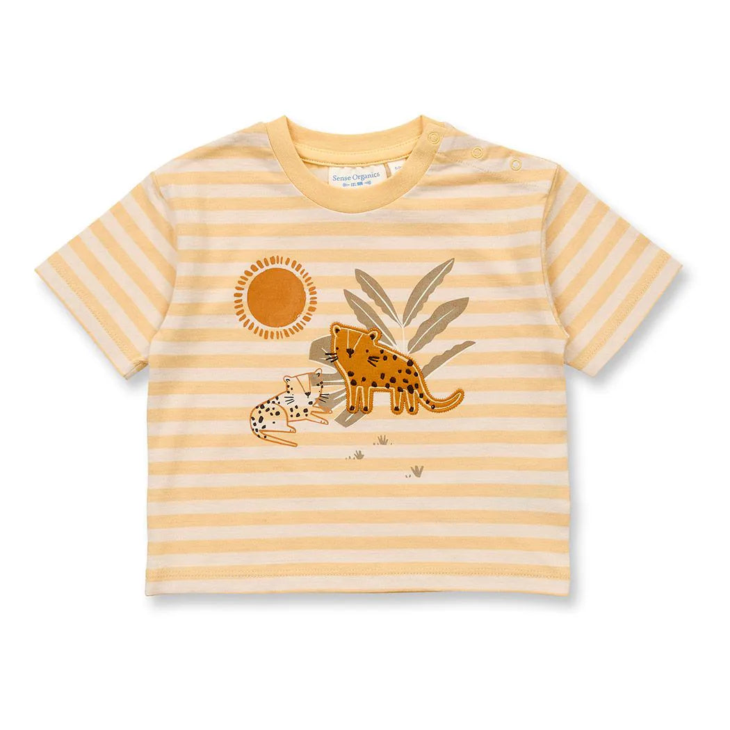Niedliches Baby T-Shirt butterblumengelb-weiß geringelt mit Leoparden Stickerei von Sense Organics