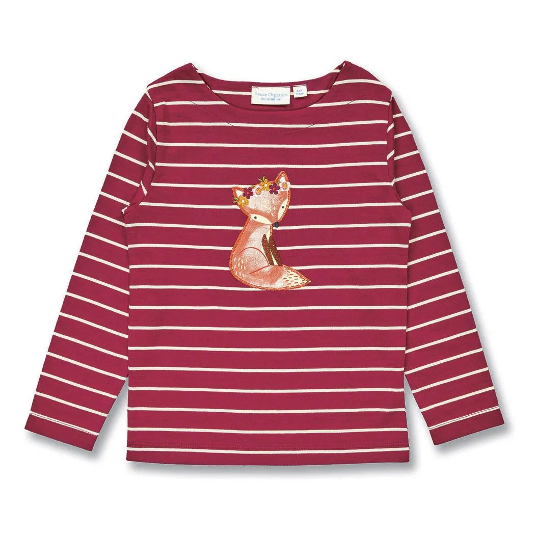Kuschelweiches weinrot-weiß geringeltes Shirt von Sense Organics mit niedlicher Fuchsstickerei