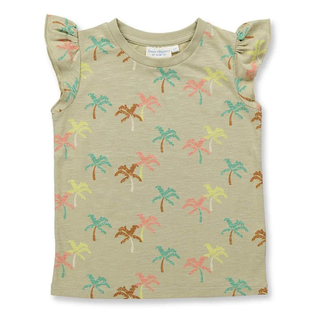 Zauberhaftes schilffarbenes Top von Sense Organics mit buntem Palmenprint