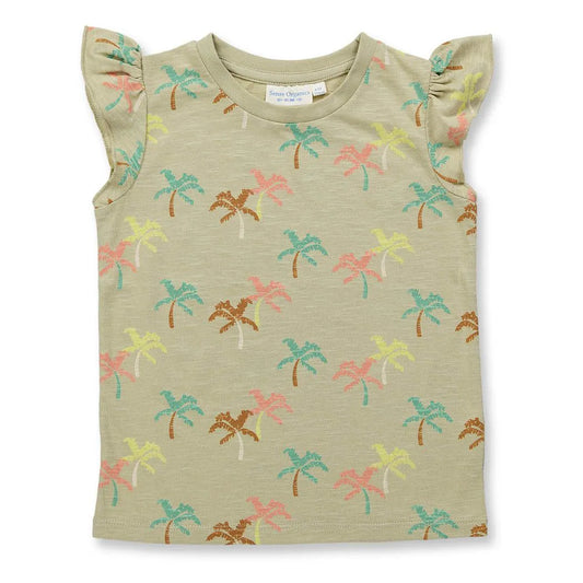 Zauberhaftes schilffarbenes Top von Sense Organics mit buntem Palmenprint