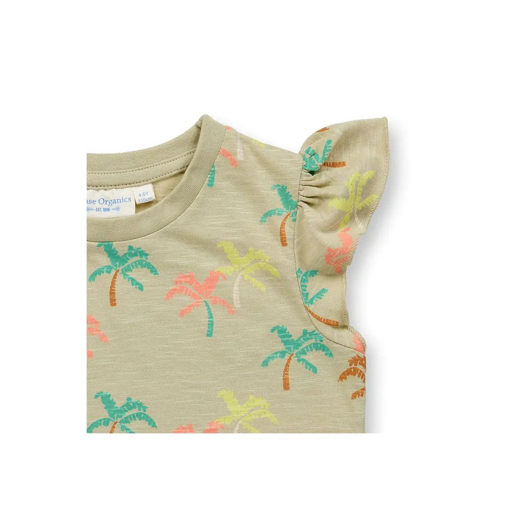 Zauberhaftes schilffarbenes Top von Sense Organics mit buntem Palmenprint